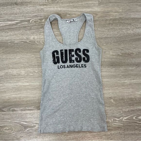 GUESS Gray Tank Top Sequences embroidery Cami Tshirt Slim Fit M - Picture 1 of 8